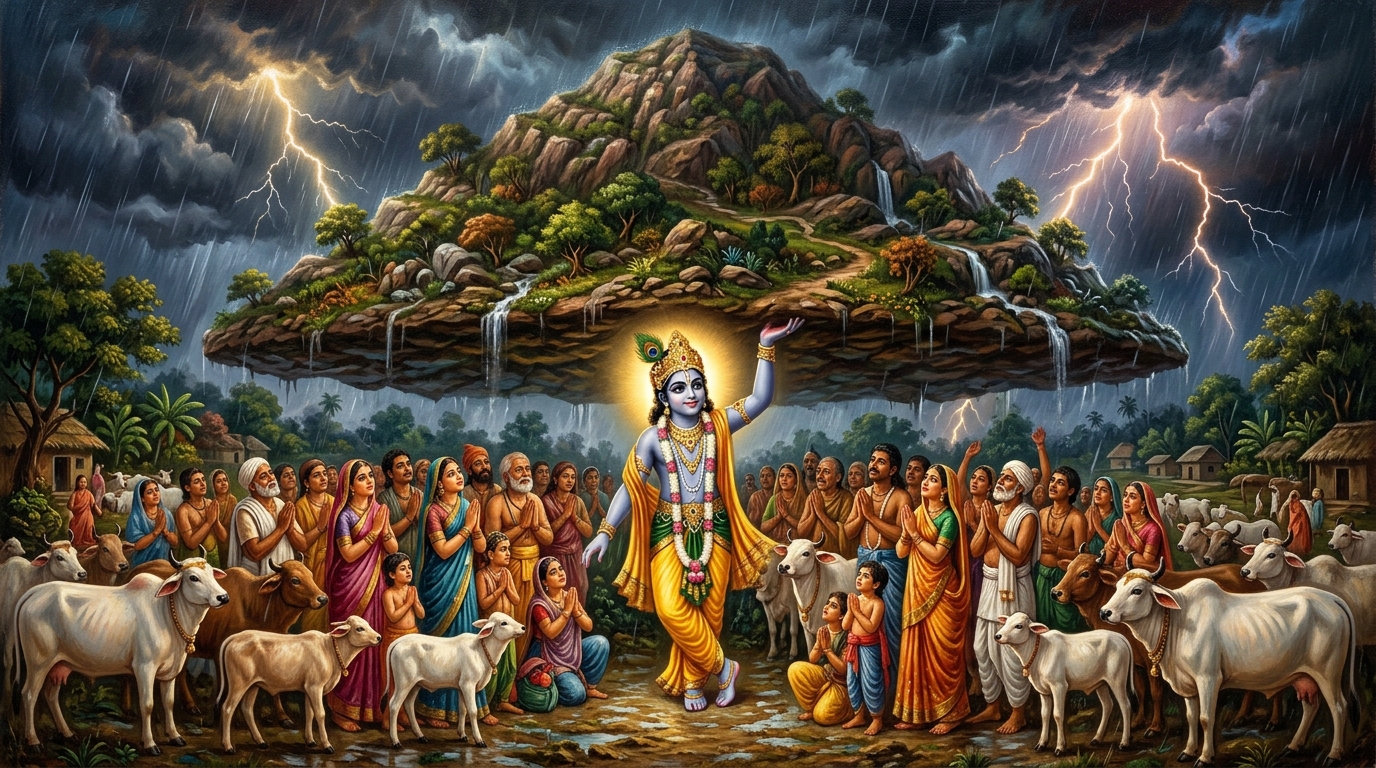 भगवान श्री कृष्ण गोवर्धन लीला - गोवर्धन पर्वत धारण