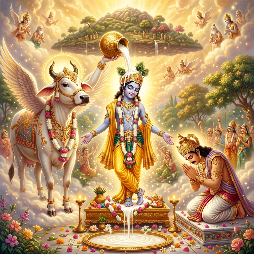 सुरभि गाय द्वारा भगवान कृष्ण का दुग्धाभिषेक